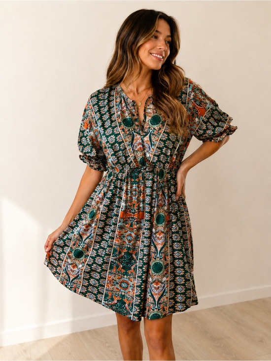 SHEIN Dresses & Skirts - SHEIN XL Boho Paisley Floral Mini Dress | Puff Sleeves | Cottagecore Festival